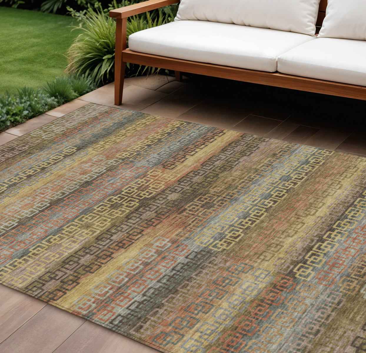 10' X 14' Brown And Gold Striped Washable Indoor Outdoor Area Rug