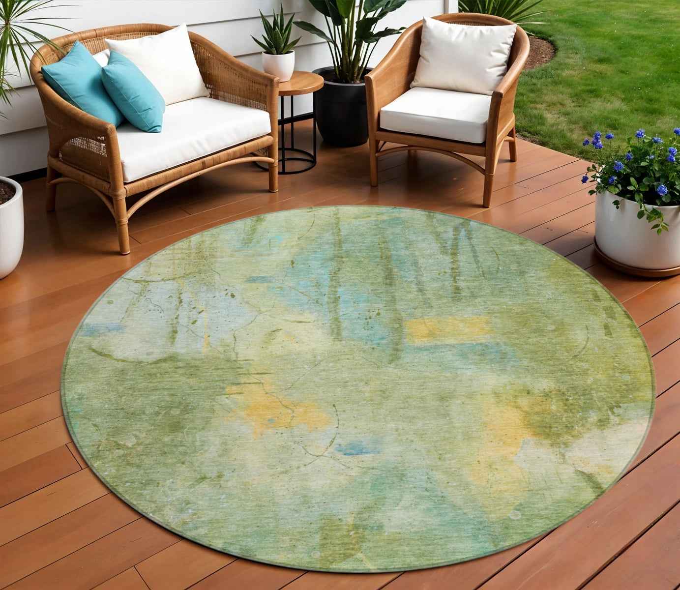 8' Sage And Gold Round Abstract Washable Indoor Outdoor Area Rug