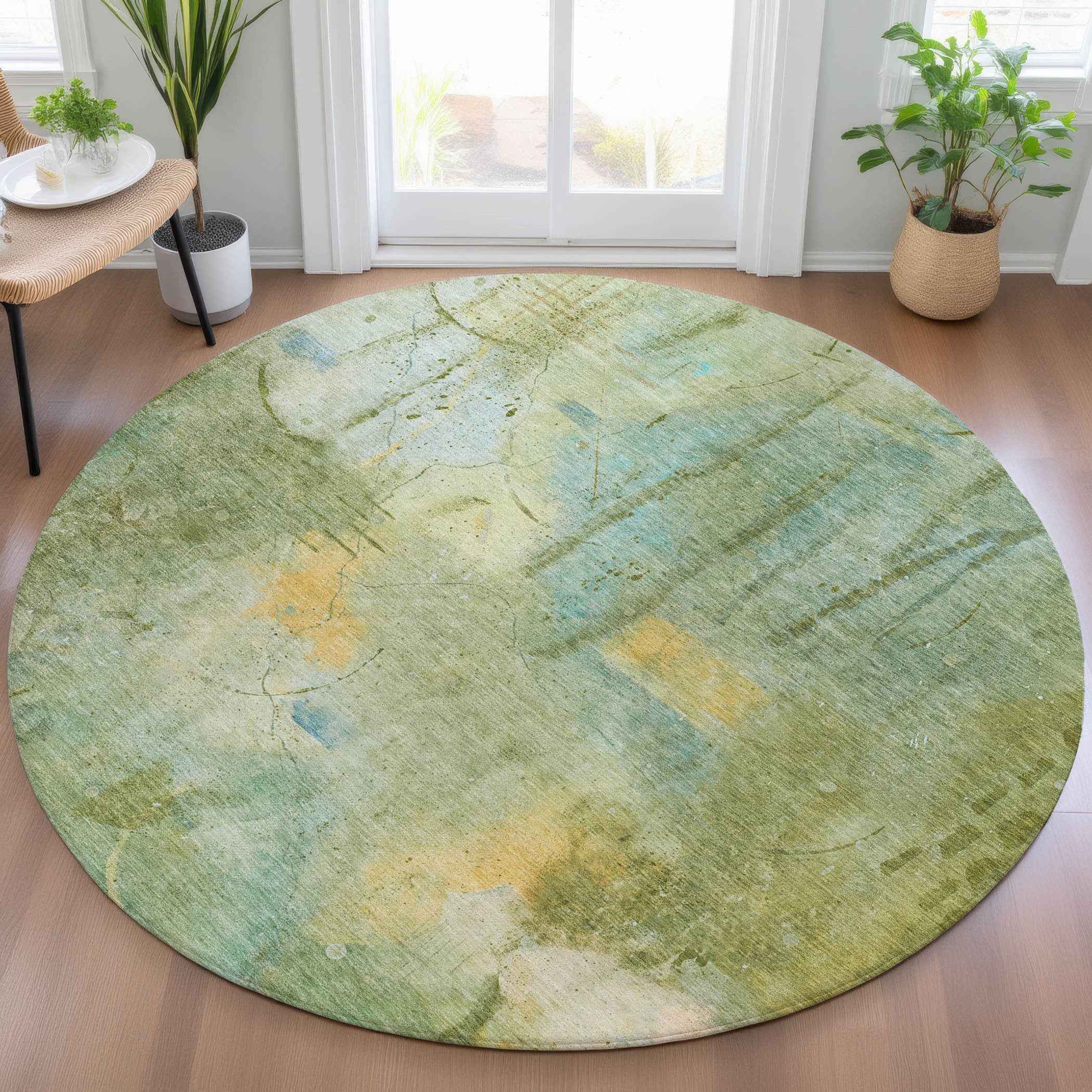 8' Sage And Gold Round Abstract Washable Indoor Outdoor Area Rug
