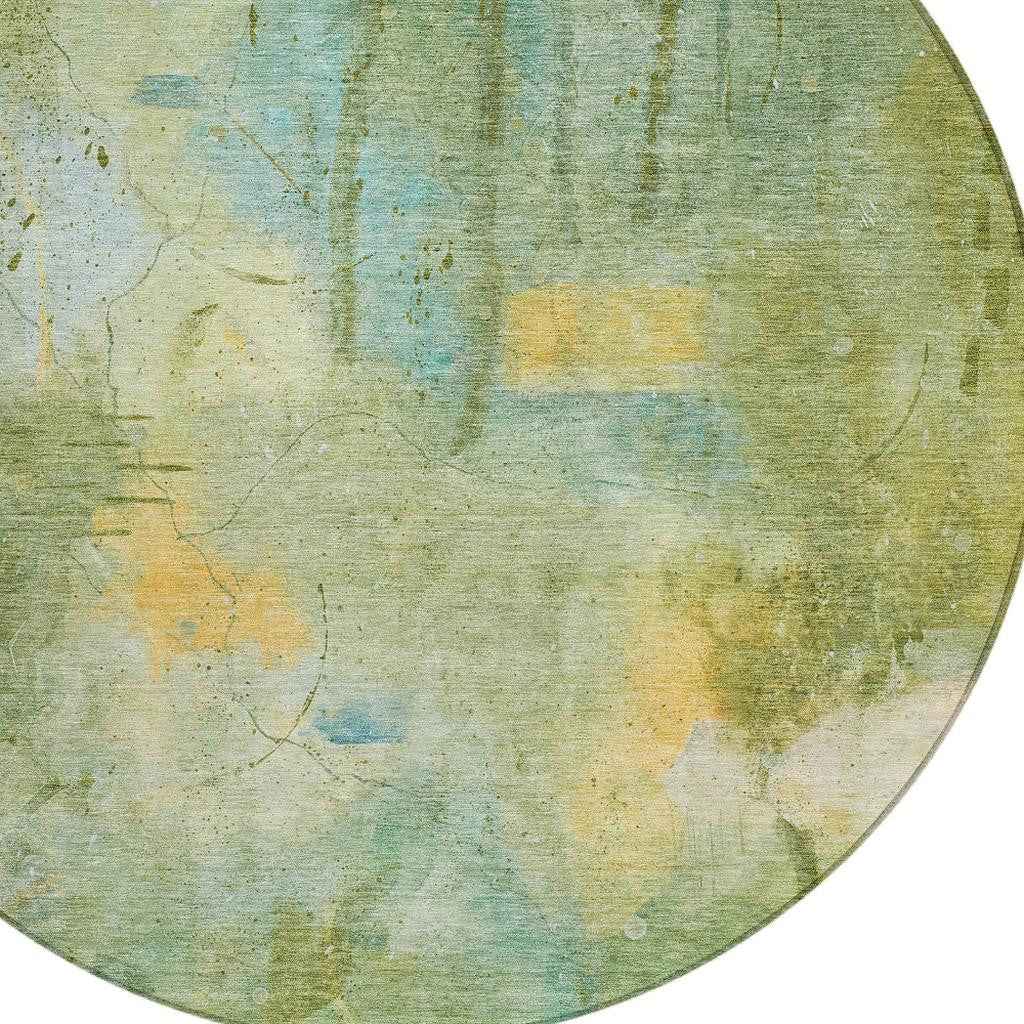 8' Sage And Gold Round Abstract Washable Indoor Outdoor Area Rug