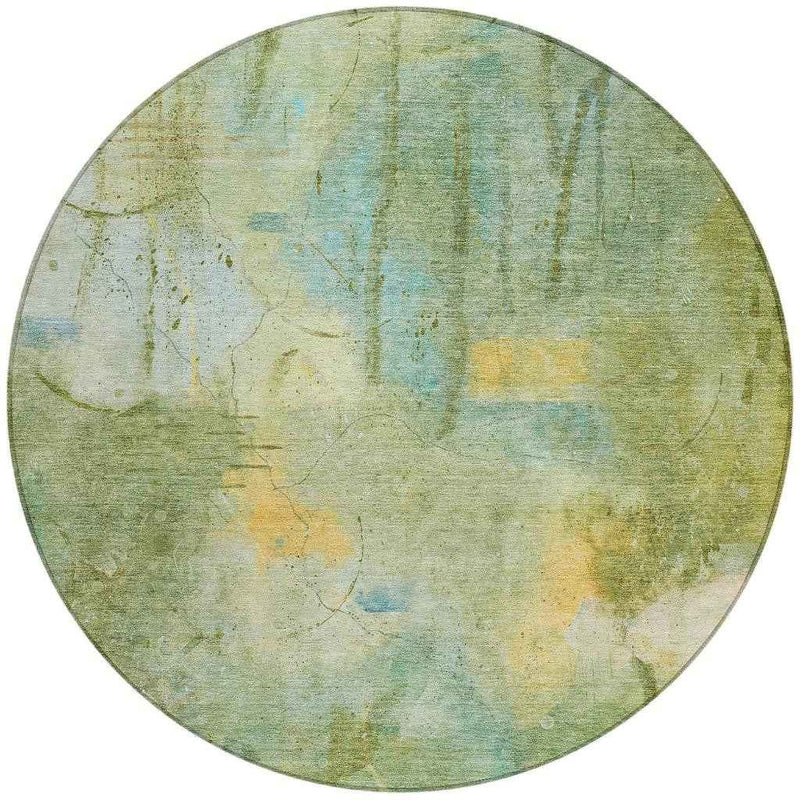 8' Sage And Gold Round Abstract Washable Indoor Outdoor Area Rug