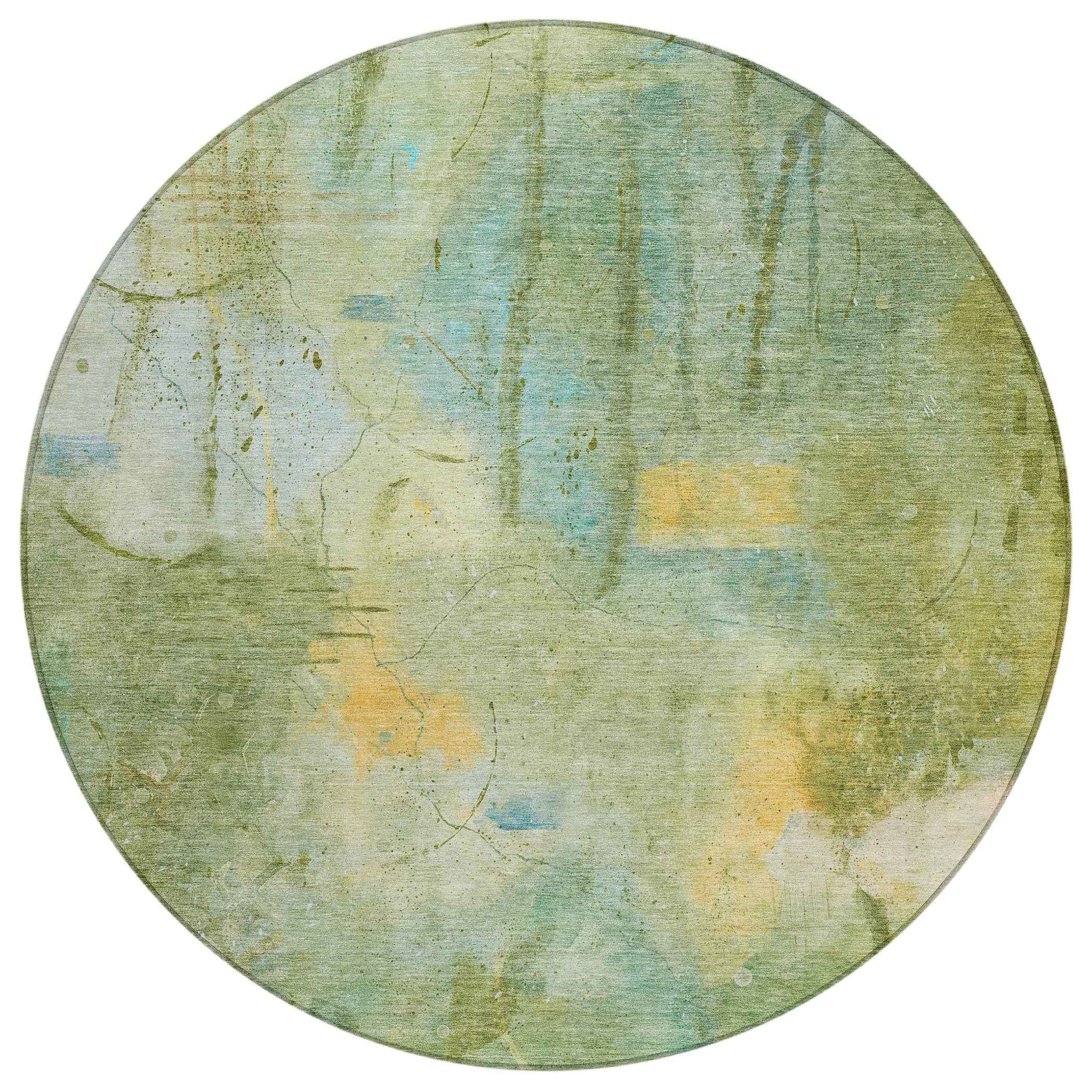 8' Sage And Gold Round Abstract Washable Indoor Outdoor Area Rug