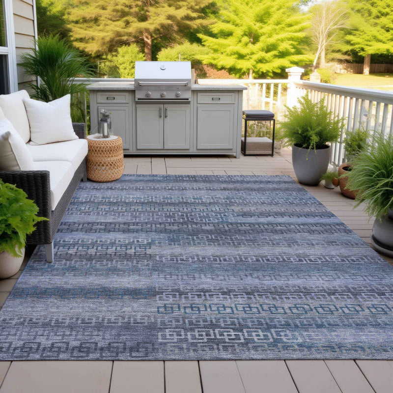 5' X 8' Taupe And Blue Striped Washable Indoor Outdoor Area Rug