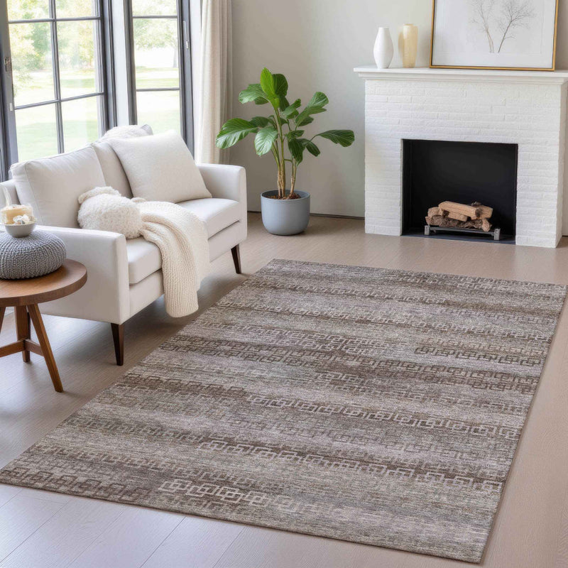 8' X 10' Chocolate And Gray Striped Washable Indoor Outdoor Area Rug