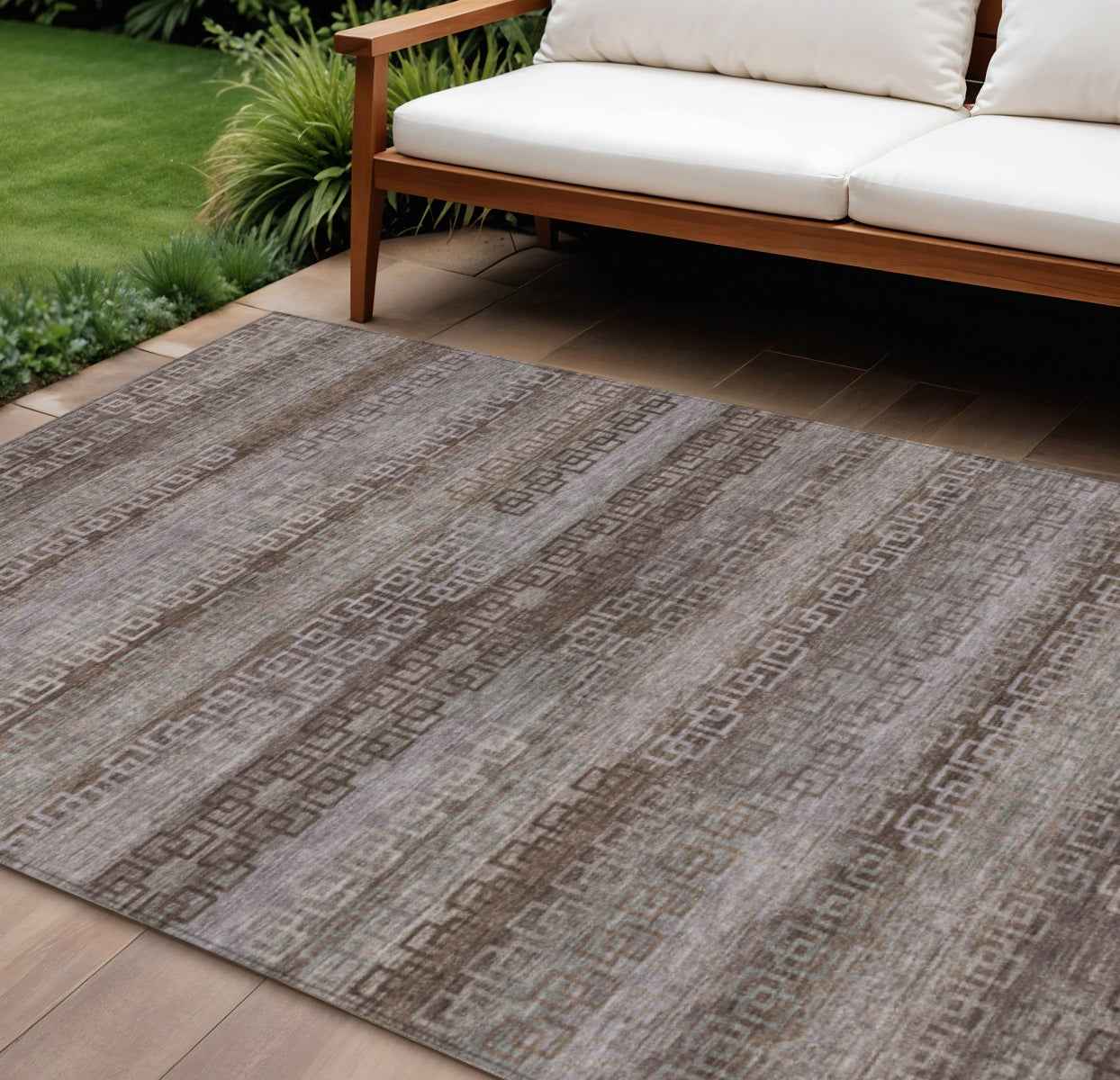 8' X 10' Chocolate And Gray Striped Washable Indoor Outdoor Area Rug
