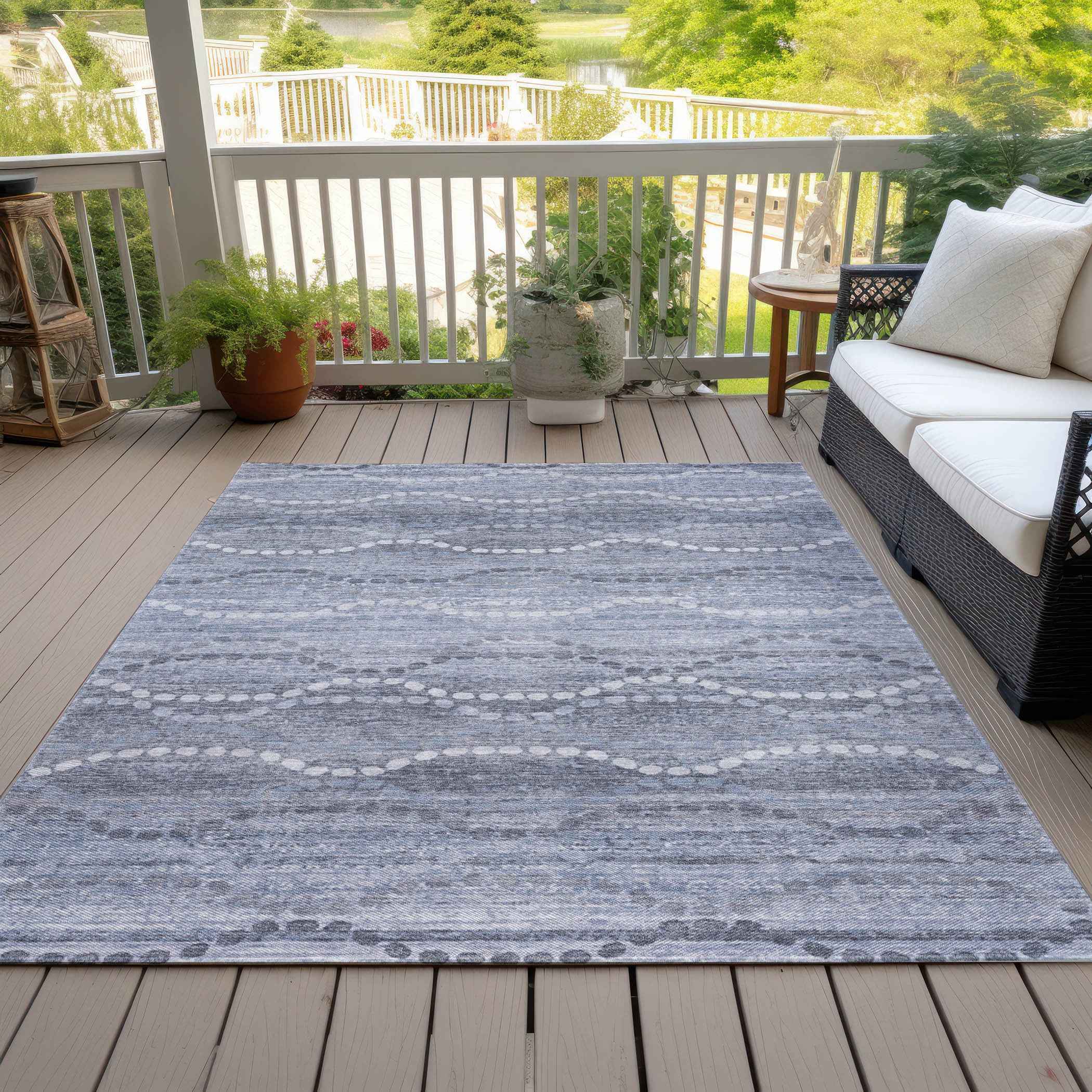 9' X 12' Blue And Ivory Ogee Washable Indoor Outdoor Area Rug