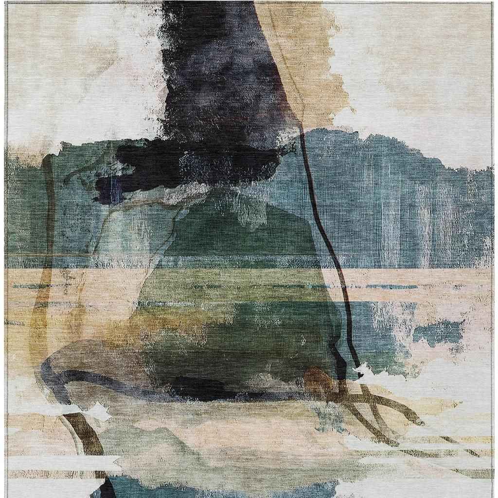 8' X 10' Green And Ivory Abstract Washable Indoor Outdoor Area Rug