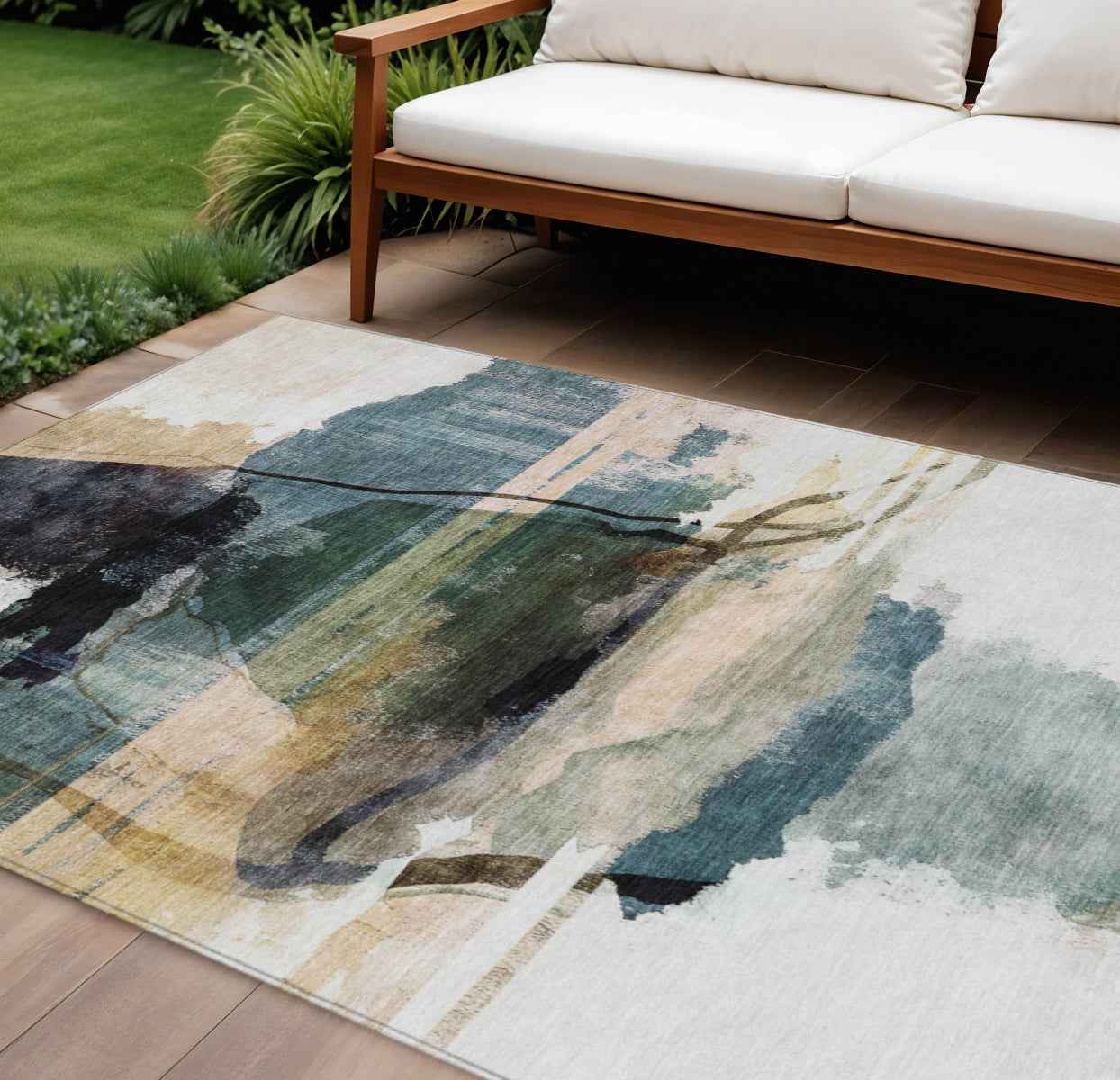 8' X 10' Green And Ivory Abstract Washable Indoor Outdoor Area Rug