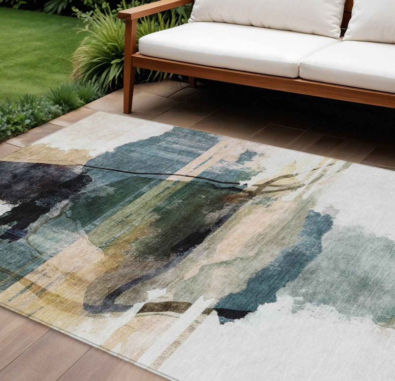 8' X 10' Green And Ivory Abstract Washable Indoor Outdoor Area Rug