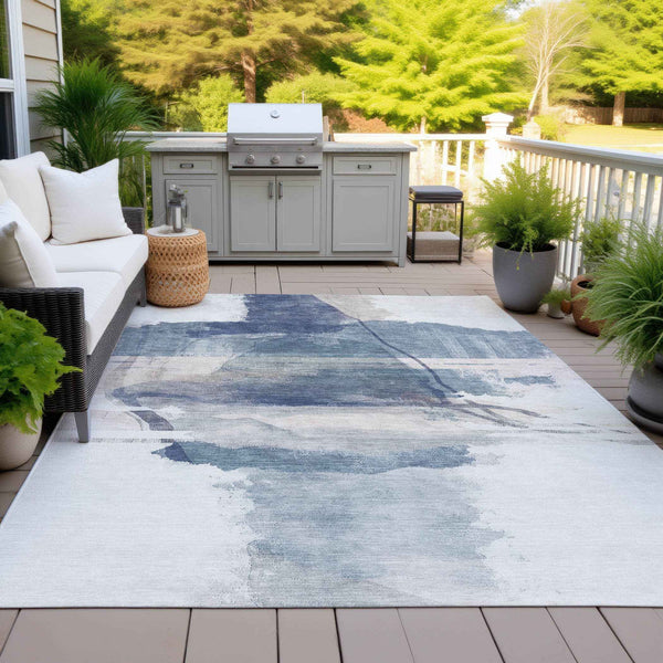 9' X 12' Blue And Ivory Abstract Washable Indoor Outdoor Area Rug
