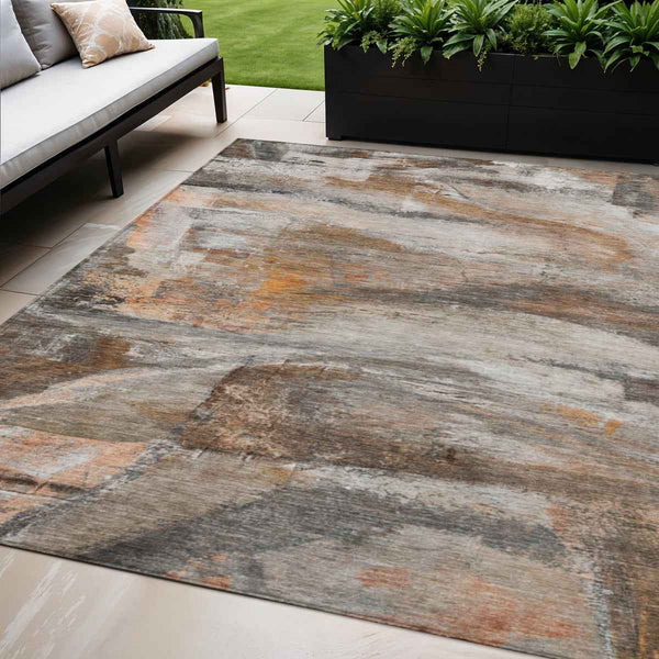 5' X 8' Brown Gray And Copper Abstract Washable Indoor Outdoor Area Rug