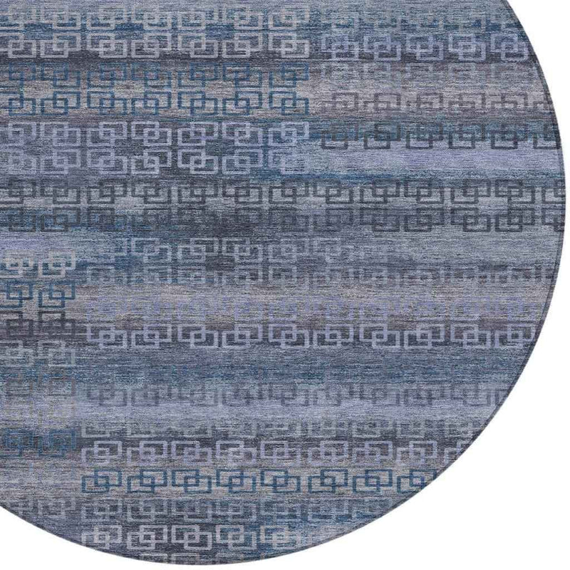 8' Taupe And Blue Round Striped Washable Indoor Outdoor Area Rug