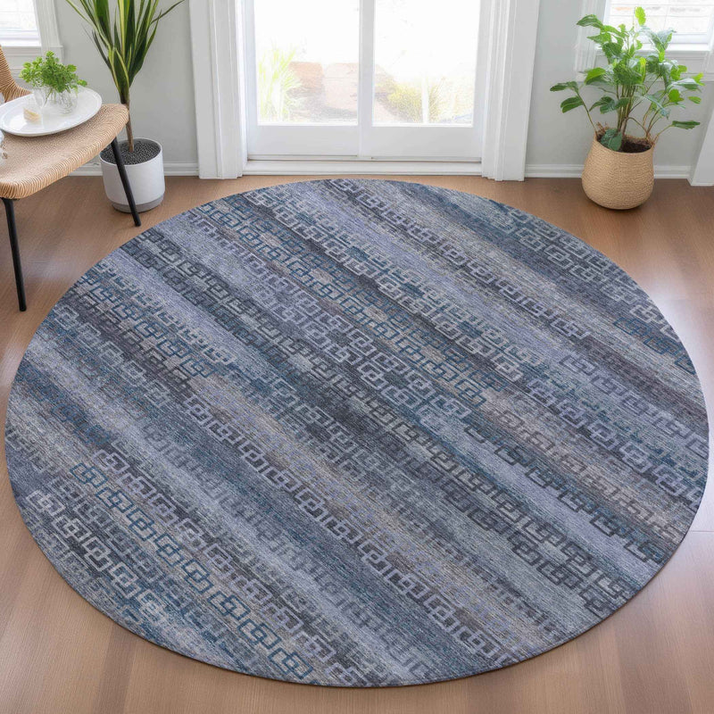 8' Taupe And Blue Round Striped Washable Indoor Outdoor Area Rug