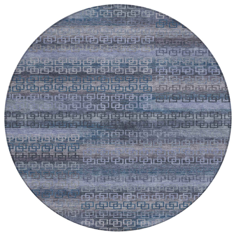 8' Taupe And Blue Round Striped Washable Indoor Outdoor Area Rug