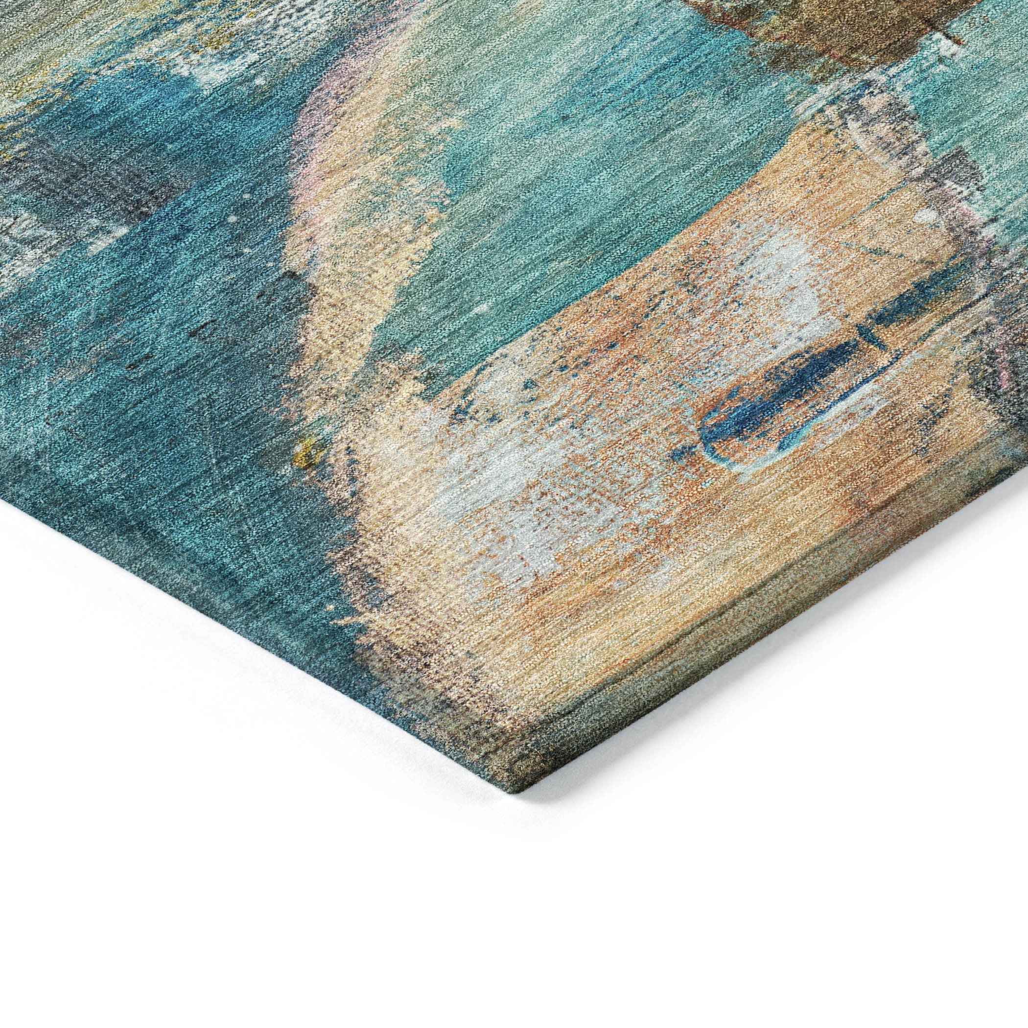 10' X 14' Teal Blue Copper And Beige Abstract Washable Indoor Outdoor Area Rug