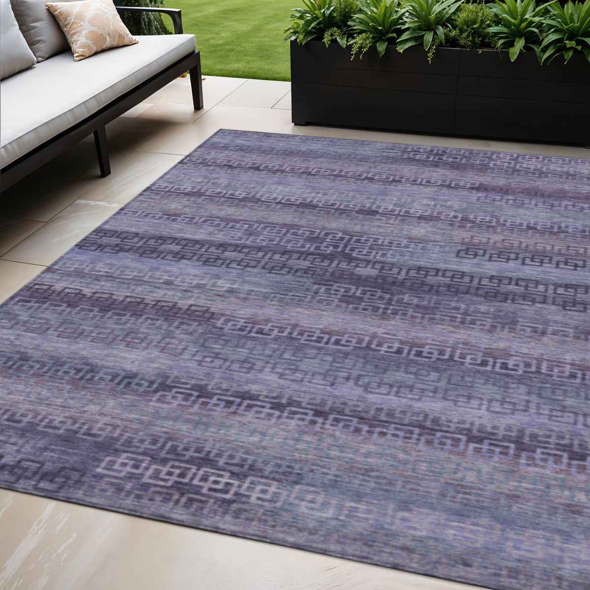 5' X 8' Plum And Lavender Striped Washable Indoor Outdoor Area Rug