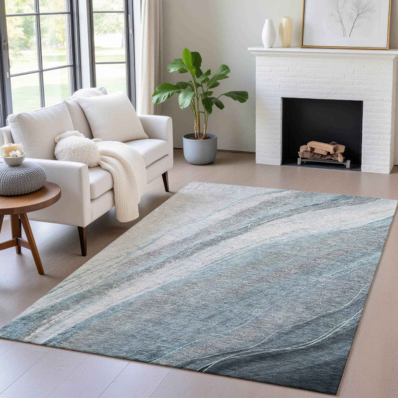 10' X 14' Teal Blue And Gray Abstract Washable Indoor Outdoor Area Rug