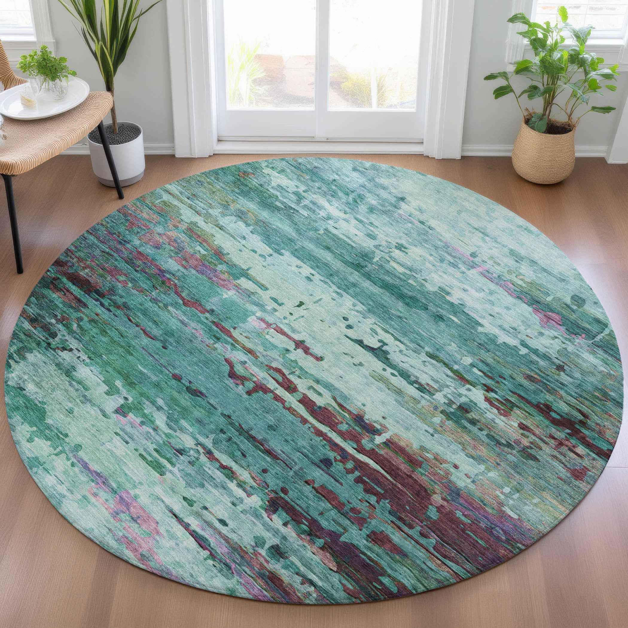 8' Teal Blue Pale Aqua And Plum Round Abstract Washable Indoor Outdoor Area Rug