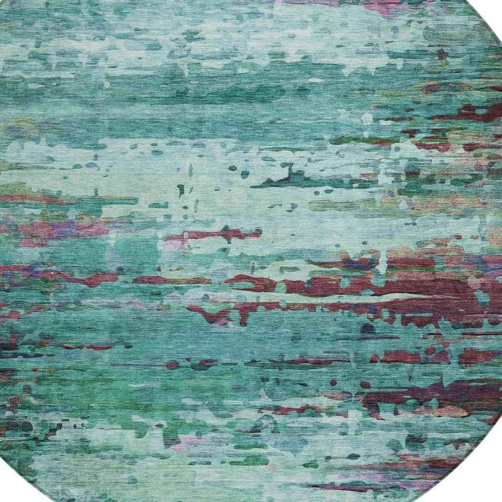 8' Teal Blue Pale Aqua And Plum Round Abstract Washable Indoor Outdoor Area Rug