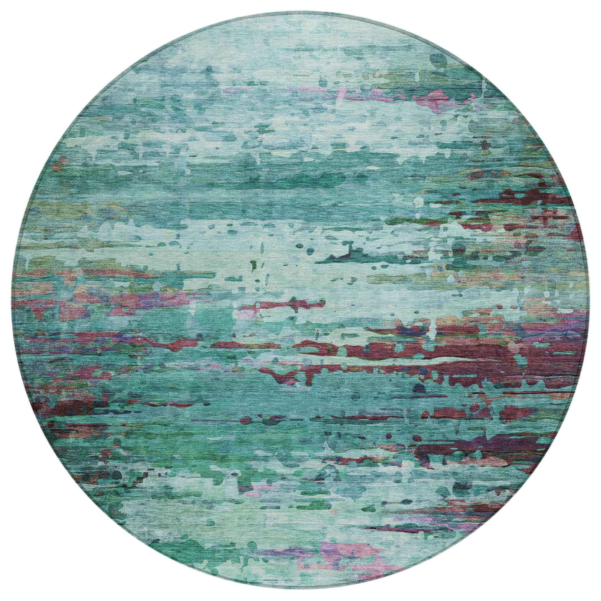 8' Teal Blue Pale Aqua And Plum Round Abstract Washable Indoor Outdoor Area Rug