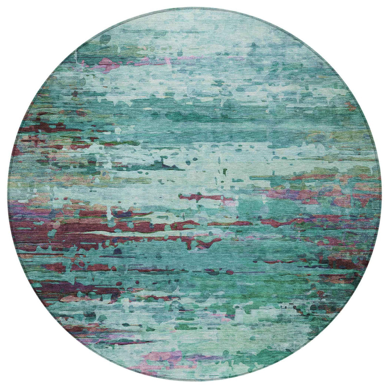8' Teal Blue Pale Aqua And Plum Round Abstract Washable Indoor Outdoor Area Rug