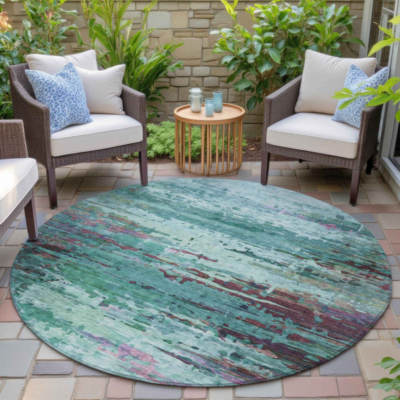 8' Teal Blue Pale Aqua And Plum Round Abstract Washable Indoor Outdoor Area Rug