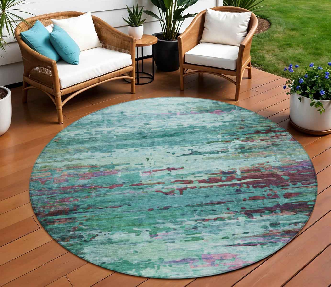 8' Teal Blue Pale Aqua And Plum Round Abstract Washable Indoor Outdoor Area Rug