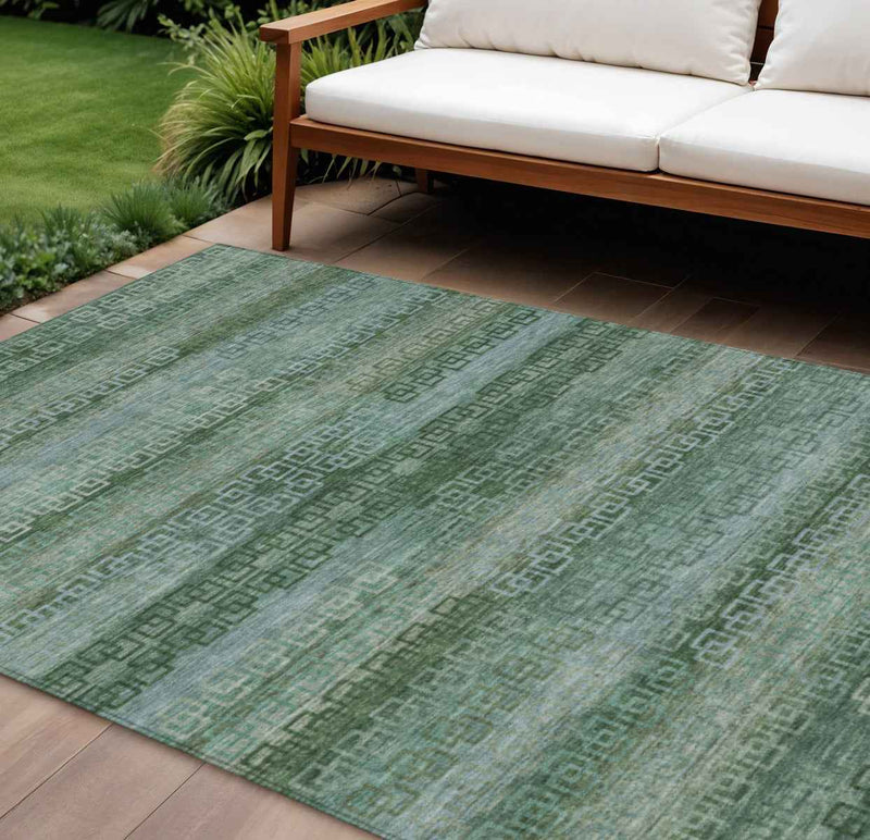 10' X 14' Artichoke Green And Sage Striped Washable Indoor Outdoor Area Rug