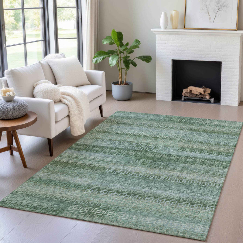10' X 14' Artichoke Green And Sage Striped Washable Indoor Outdoor Area Rug