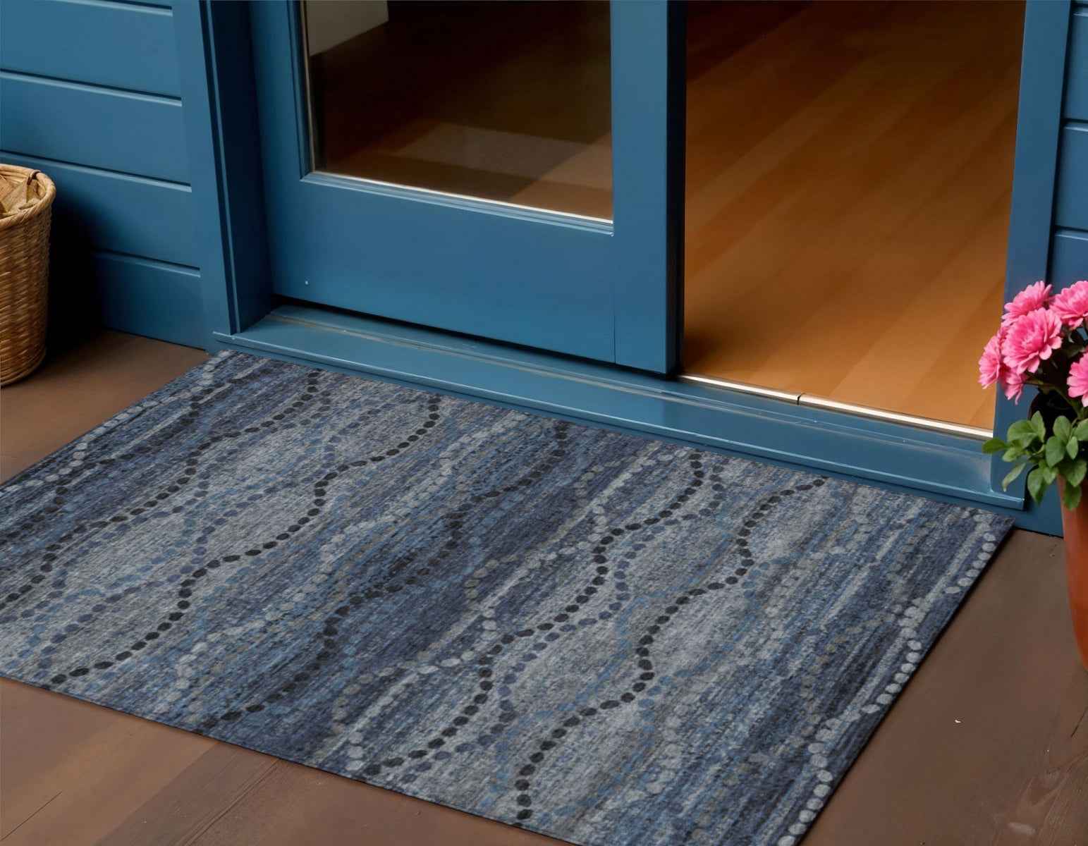 3' X 5' Navy Blue And Gray Ogee Washable Indoor Outdoor Area Rug