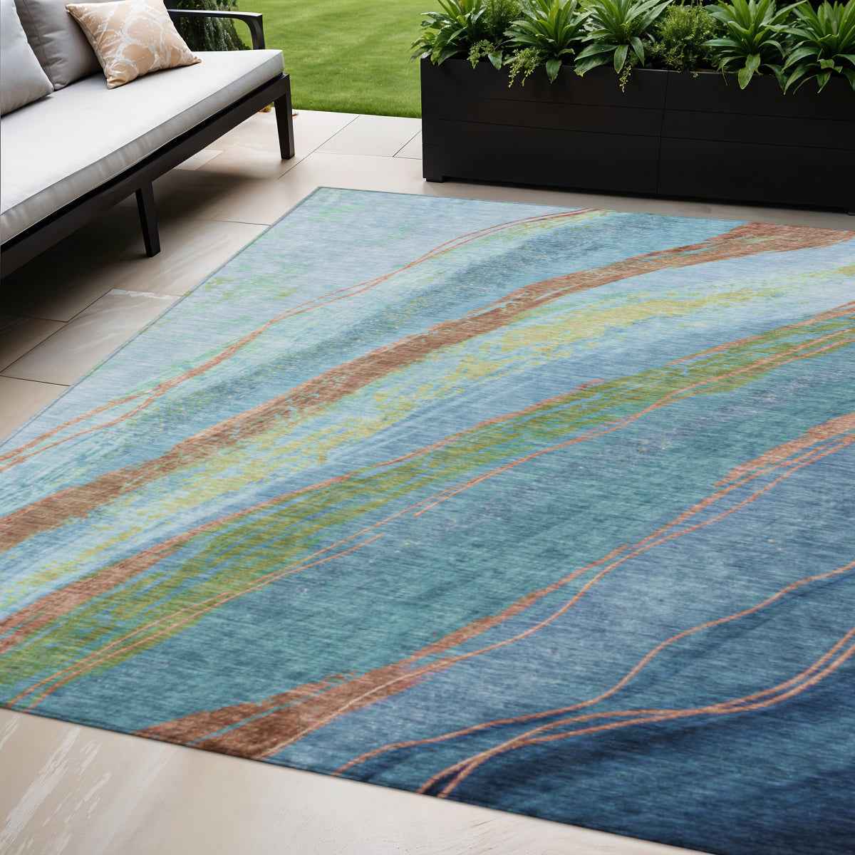 5' X 8' Blue Copper And Green Abstract Washable Indoor Outdoor Area Rug