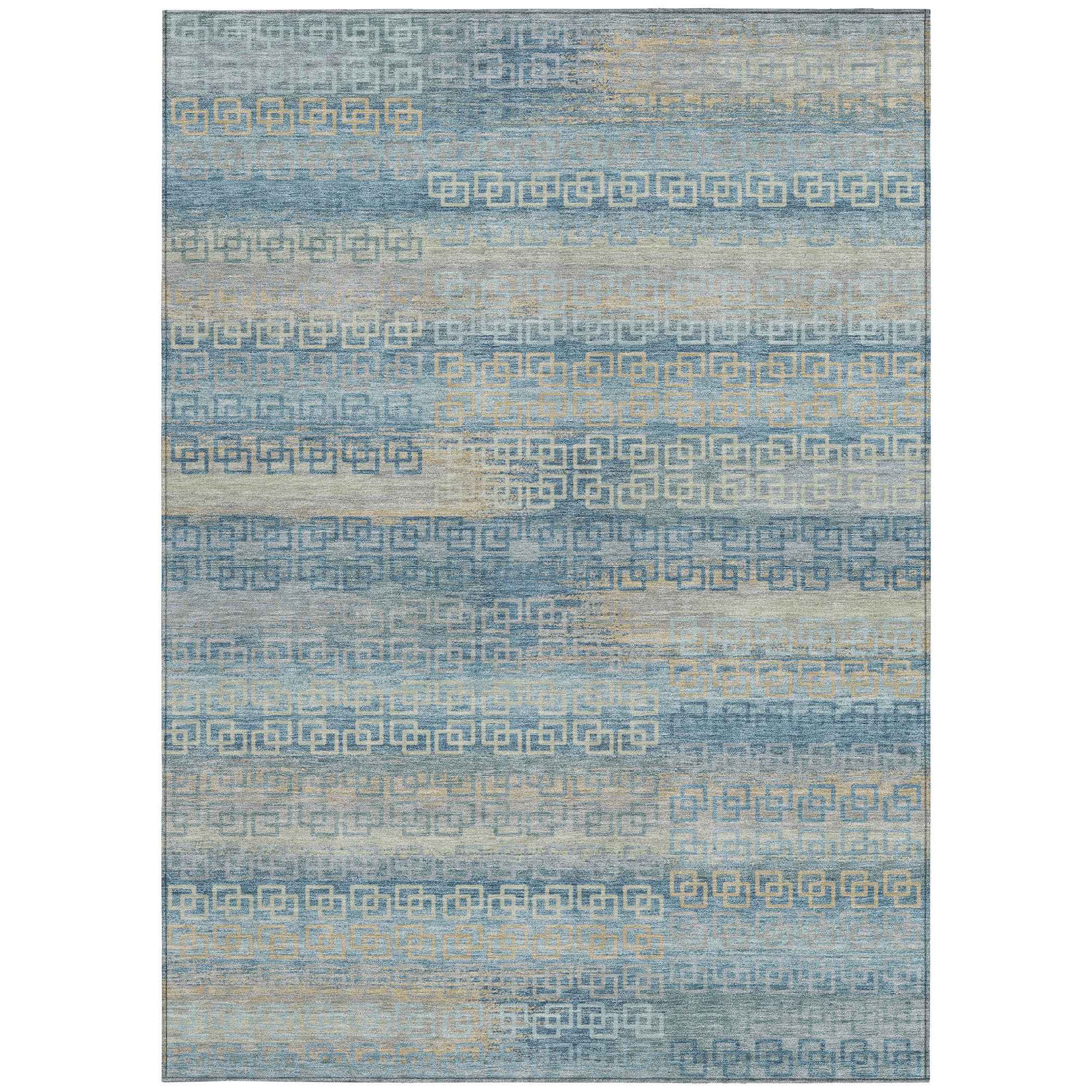10' X 14' Teal Blue And Beige Striped Washable Indoor Outdoor Area Rug