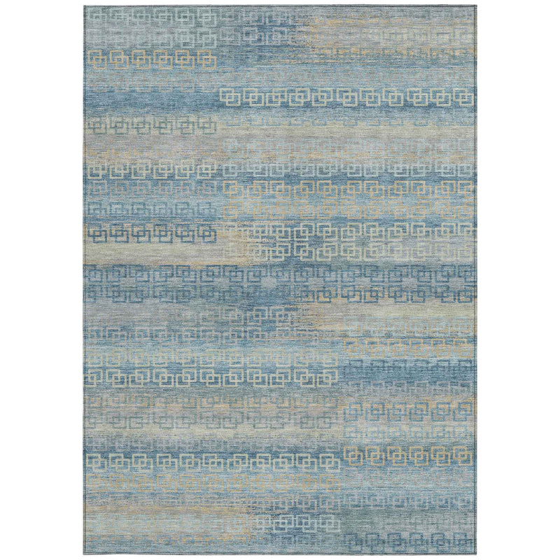 10' X 14' Teal Blue And Beige Striped Washable Indoor Outdoor Area Rug