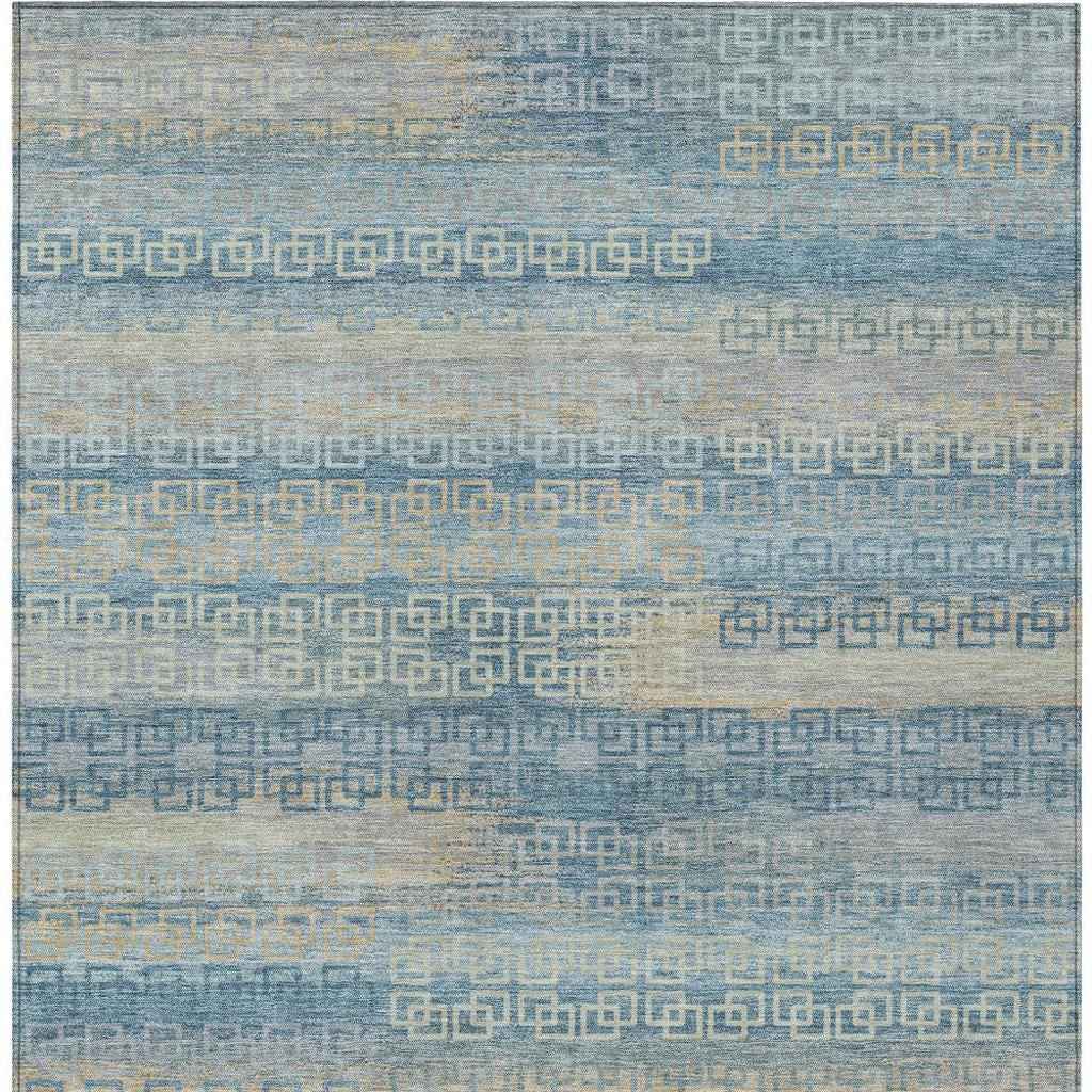 10' X 14' Teal Blue And Beige Striped Washable Indoor Outdoor Area Rug