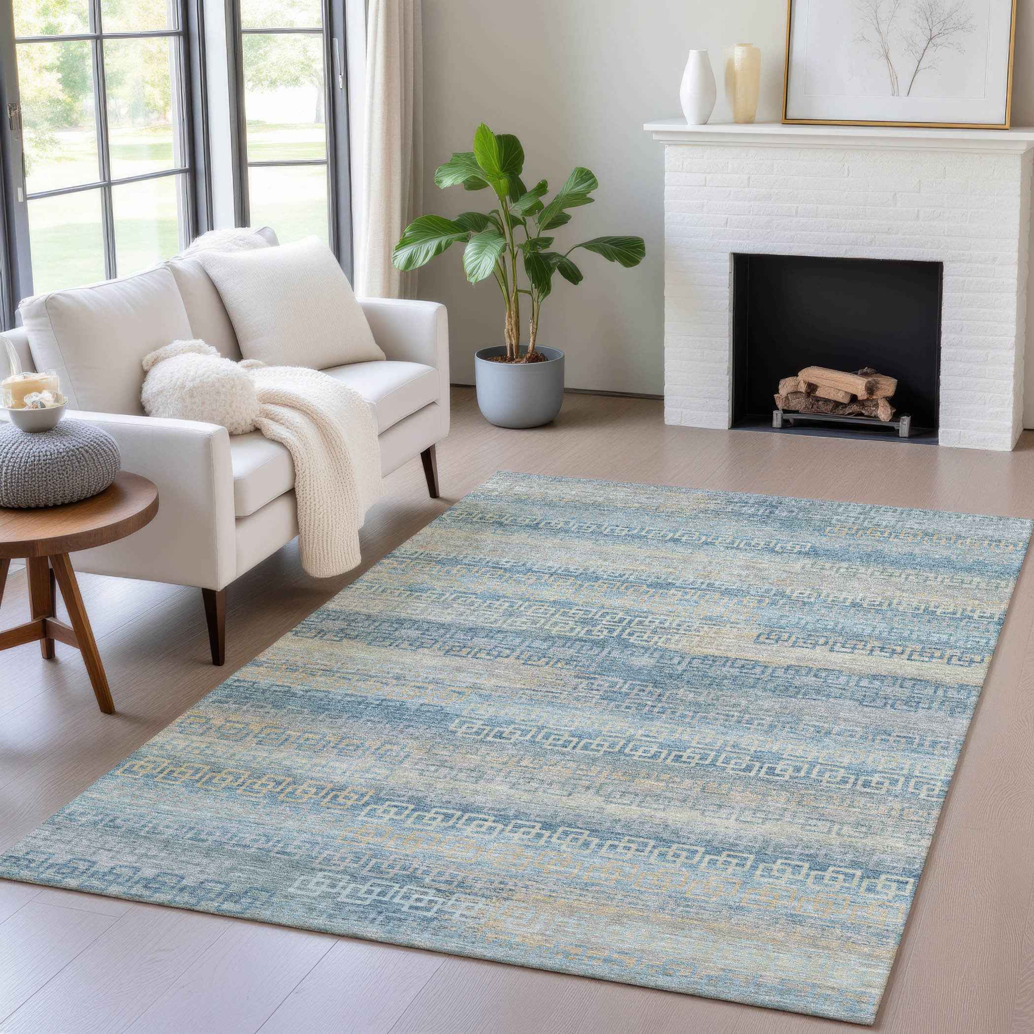 10' X 14' Teal Blue And Beige Striped Washable Indoor Outdoor Area Rug