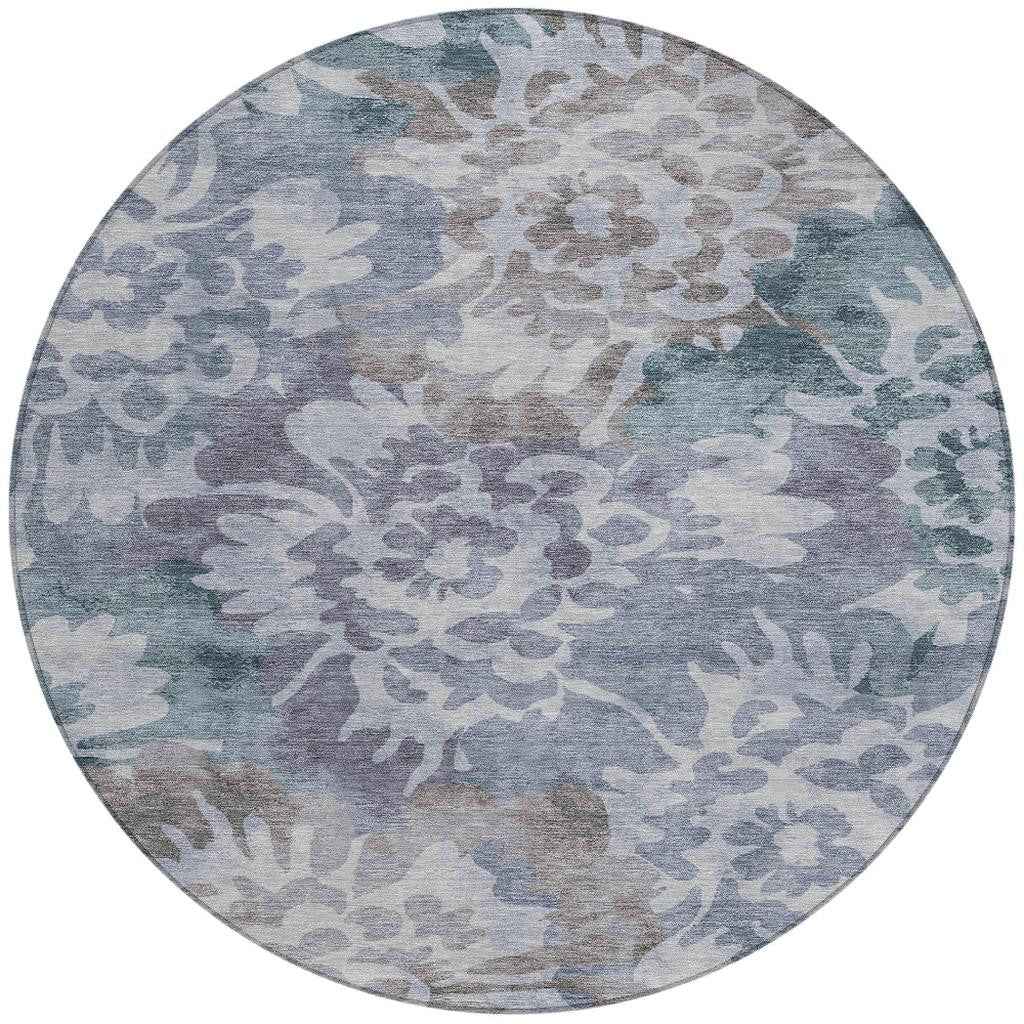 8' Blue And Silver Round Floral Washable Indoor Outdoor Area Rug