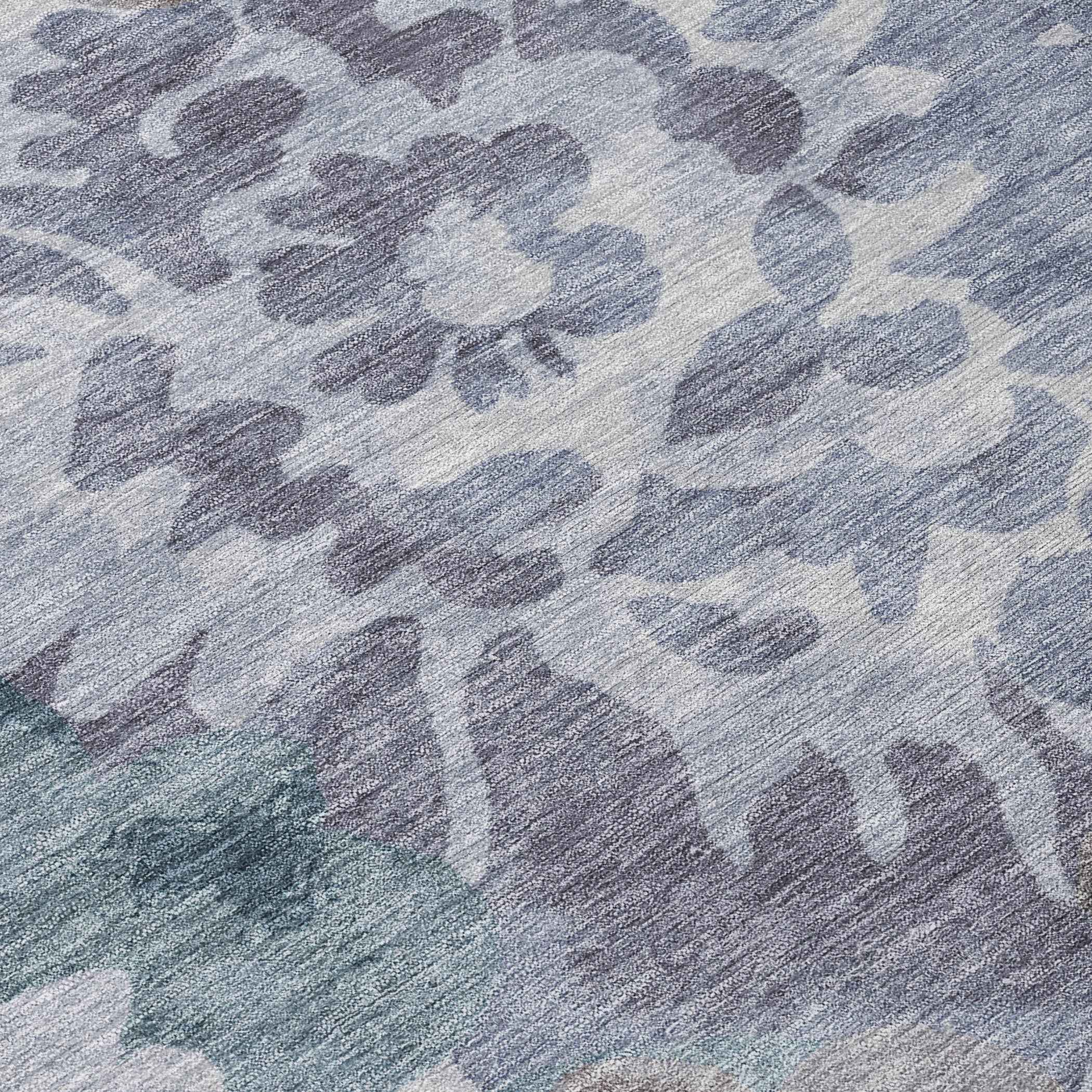 8' Blue And Silver Round Floral Washable Indoor Outdoor Area Rug