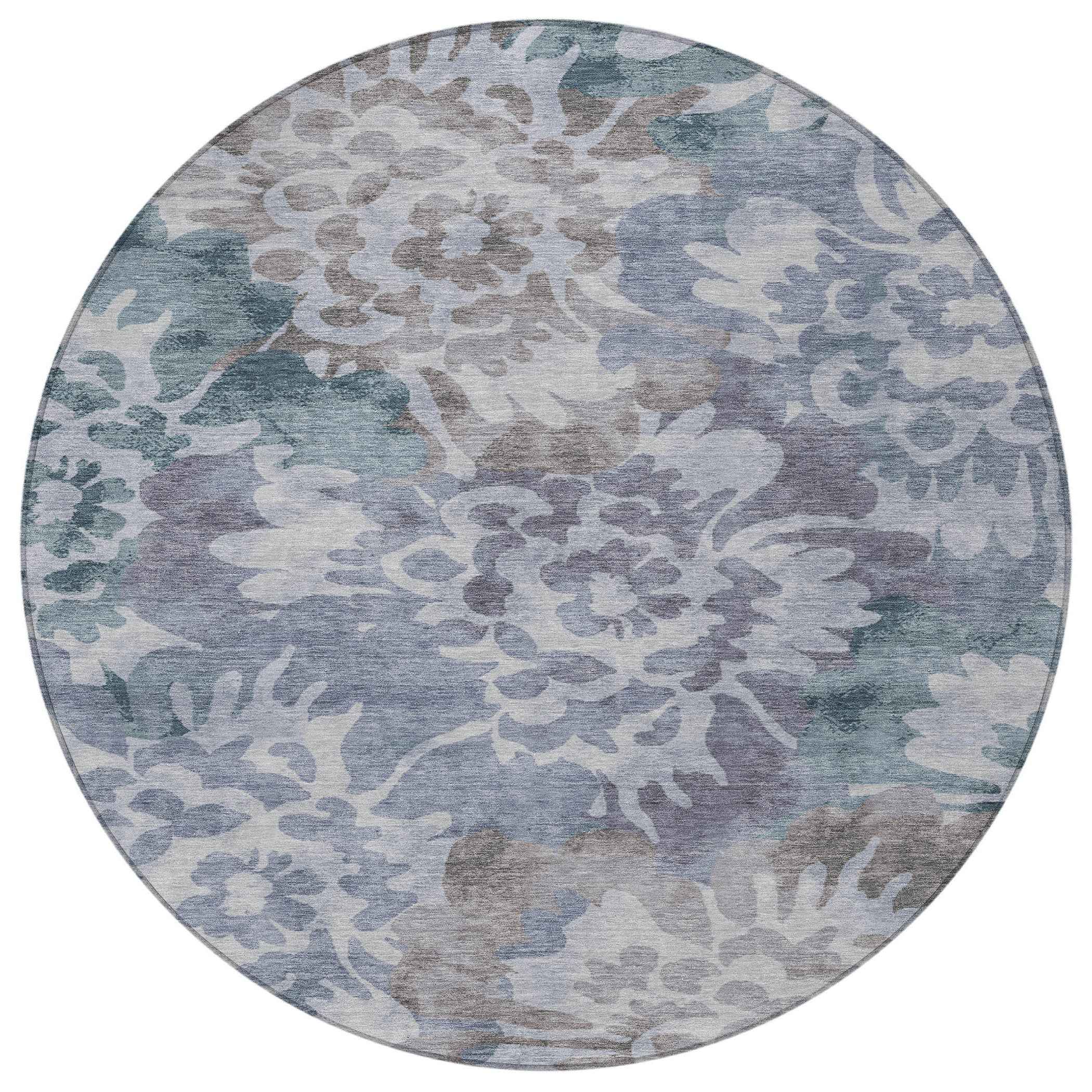 8' Blue And Silver Round Floral Washable Indoor Outdoor Area Rug