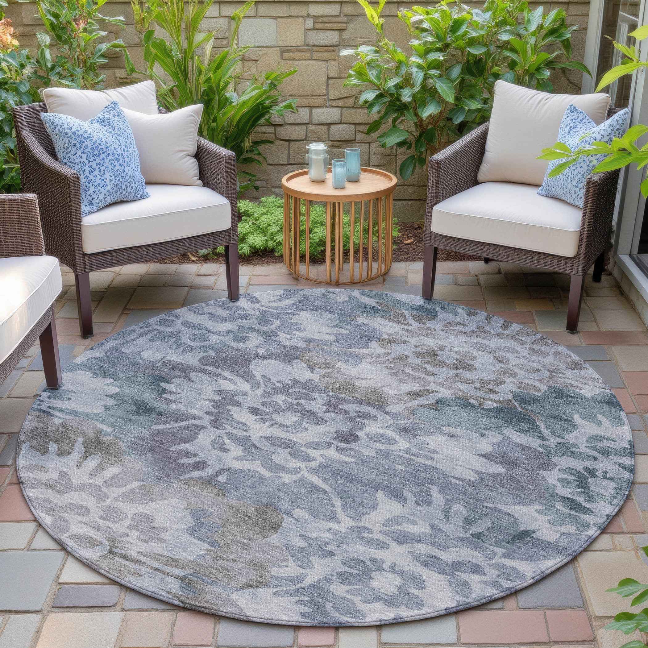 8' Blue And Silver Round Floral Washable Indoor Outdoor Area Rug