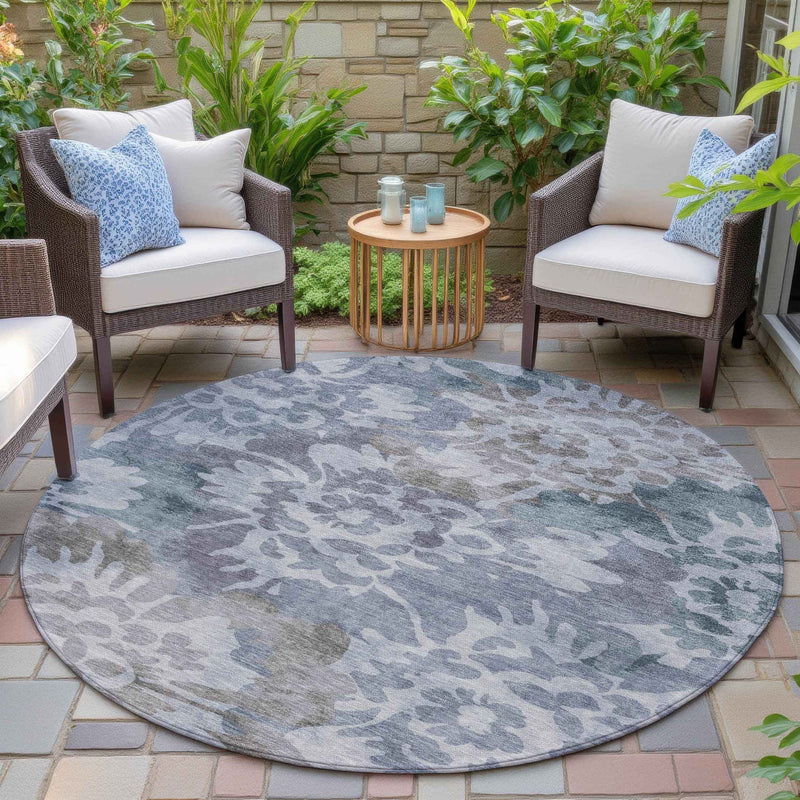 8' Blue And Silver Round Floral Washable Indoor Outdoor Area Rug