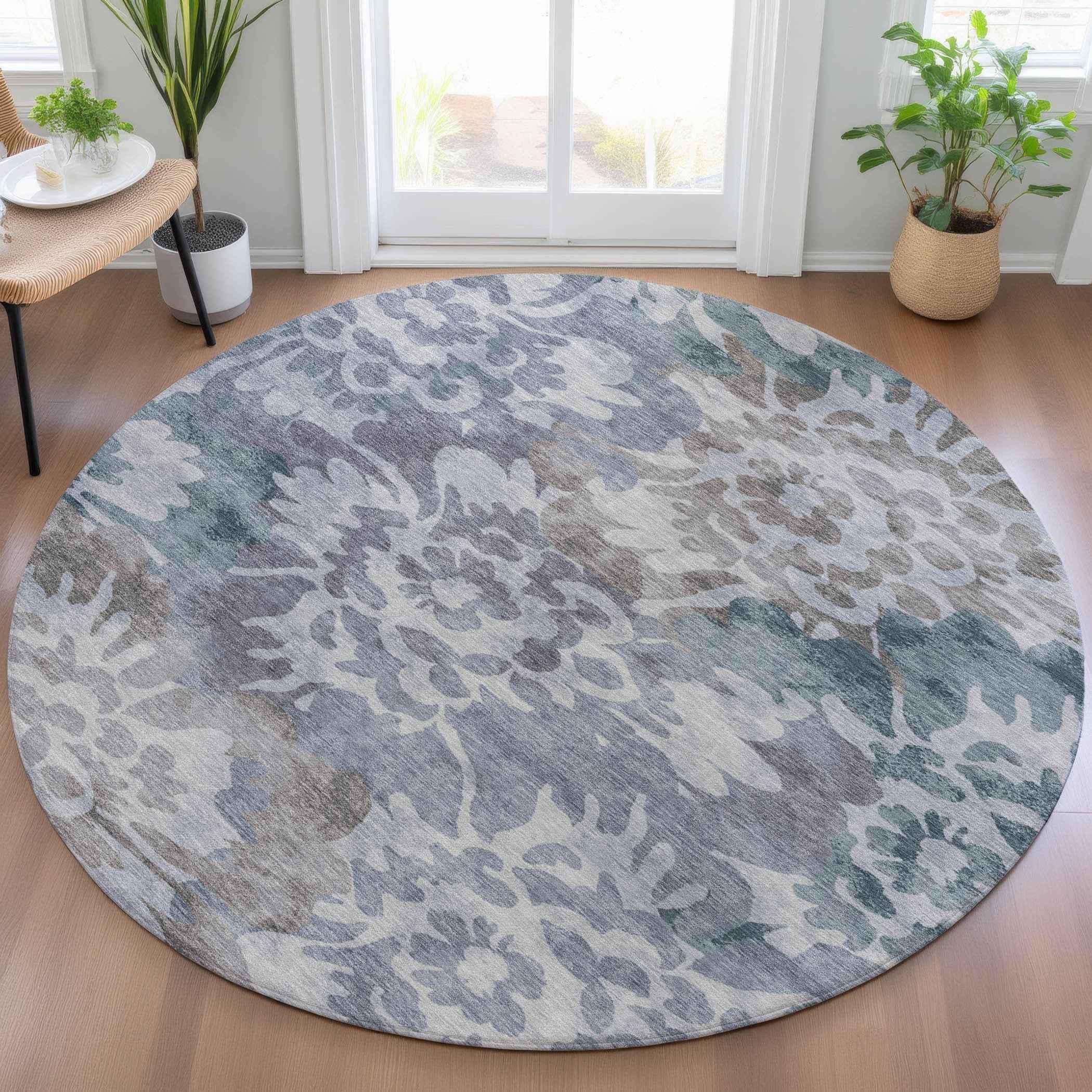 8' Blue And Silver Round Floral Washable Indoor Outdoor Area Rug