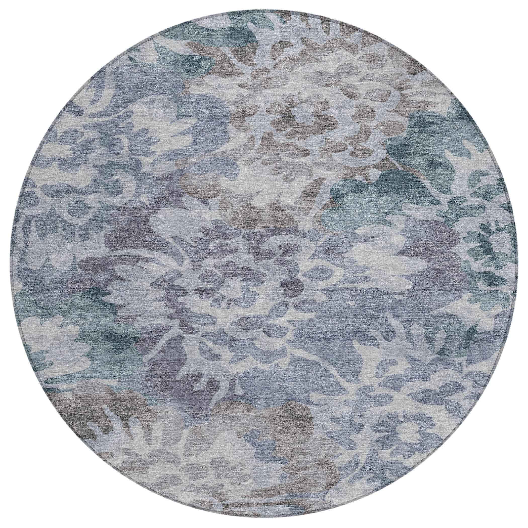 8' Blue And Silver Round Floral Washable Indoor Outdoor Area Rug