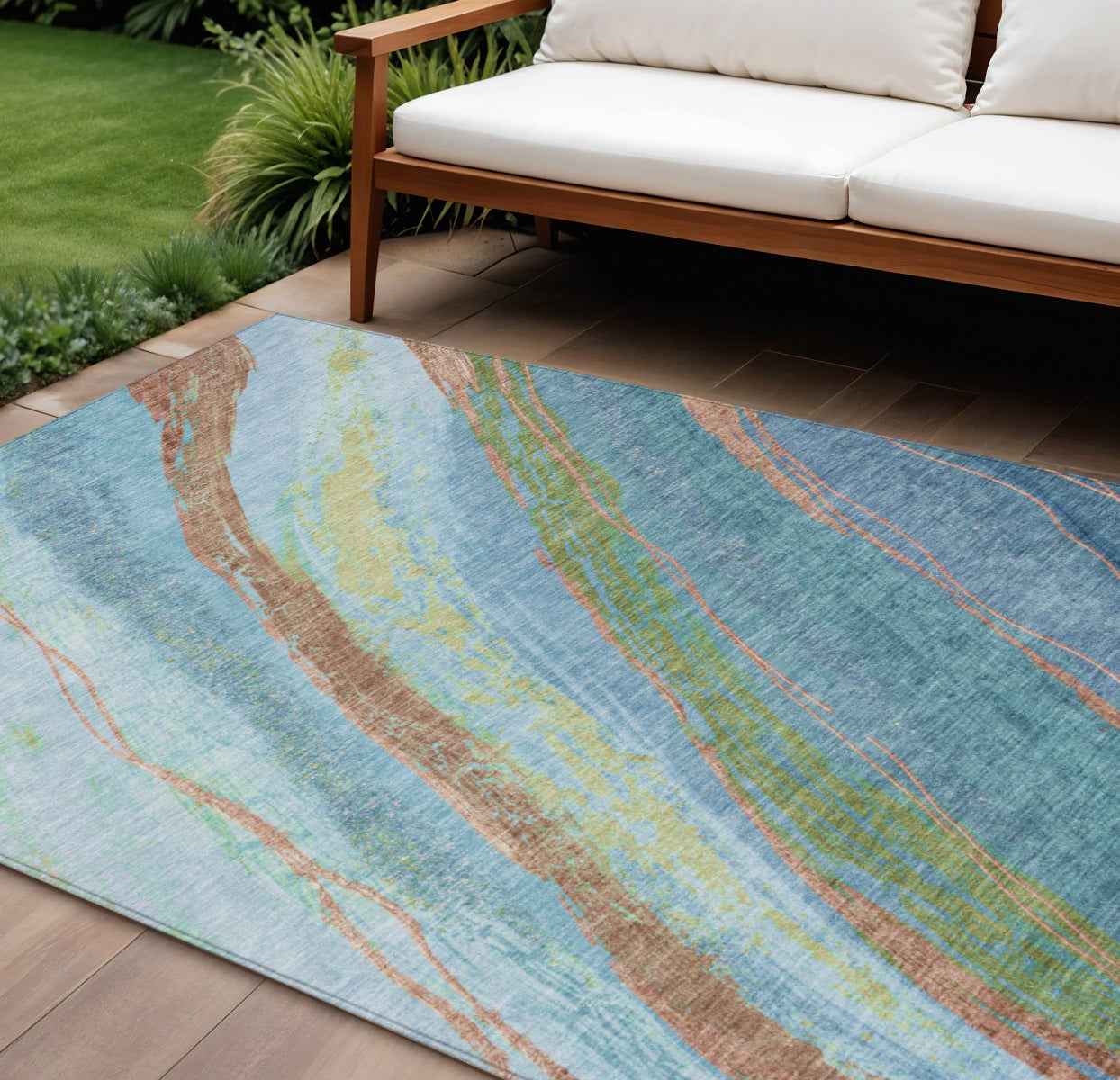 10' X 14' Blue Copper And Green Abstract Washable Indoor Outdoor Area Rug