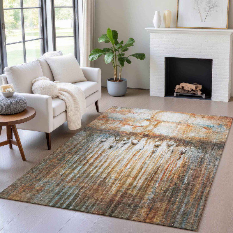 5' X 8' Rust Gray And Blue Abstract Washable Indoor Outdoor Area Rug