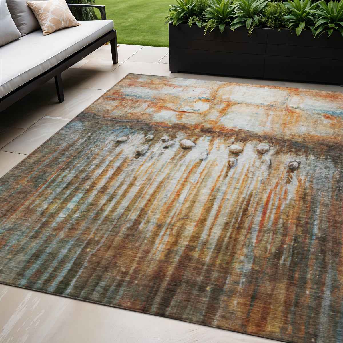 5' X 8' Rust Gray And Blue Abstract Washable Indoor Outdoor Area Rug