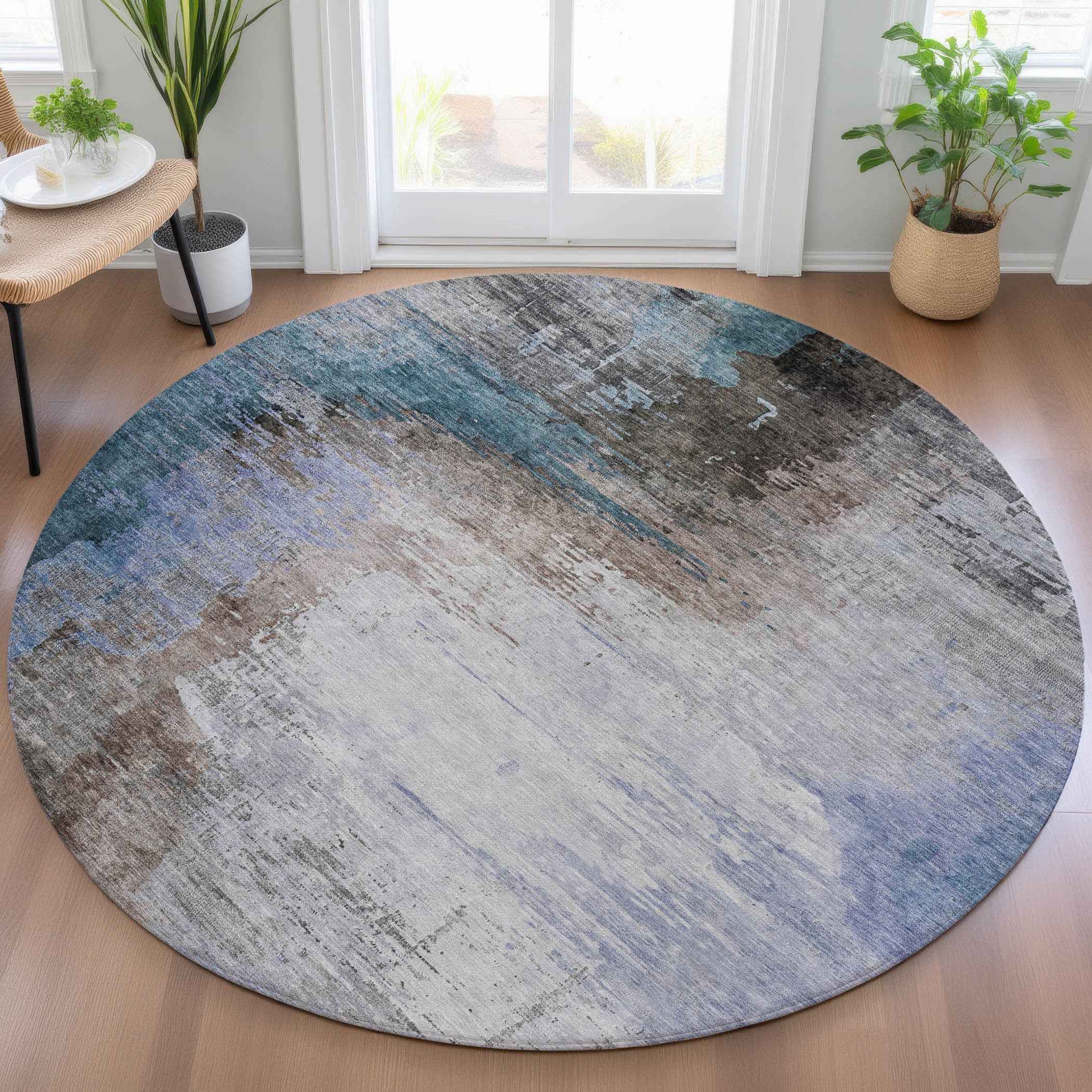 8' Brown Lavender And Taupe Round Abstract Washable Indoor Outdoor Area Rug