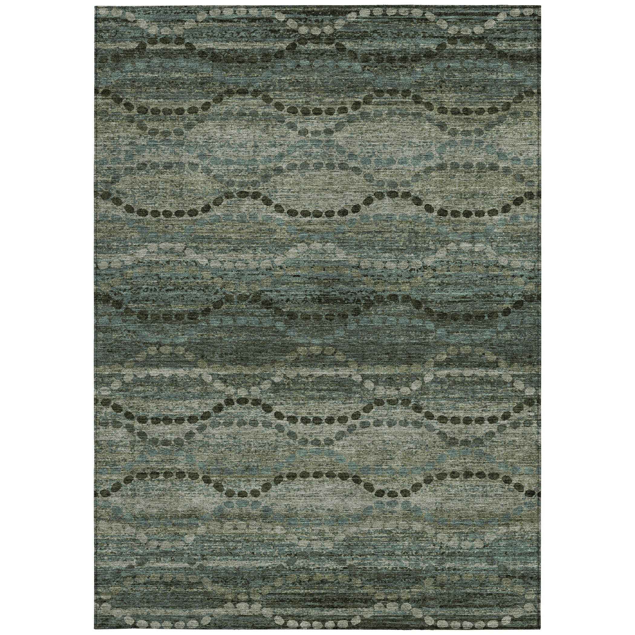 10' X 14' Artichoke Green And Gray Ogee Washable Indoor Outdoor Area Rug