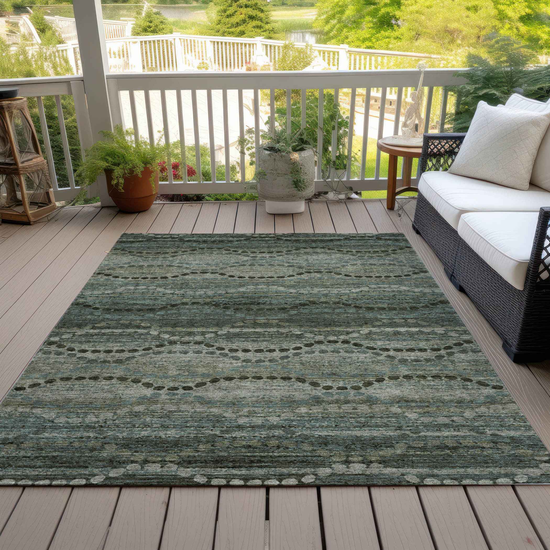 10' X 14' Artichoke Green And Gray Ogee Washable Indoor Outdoor Area Rug
