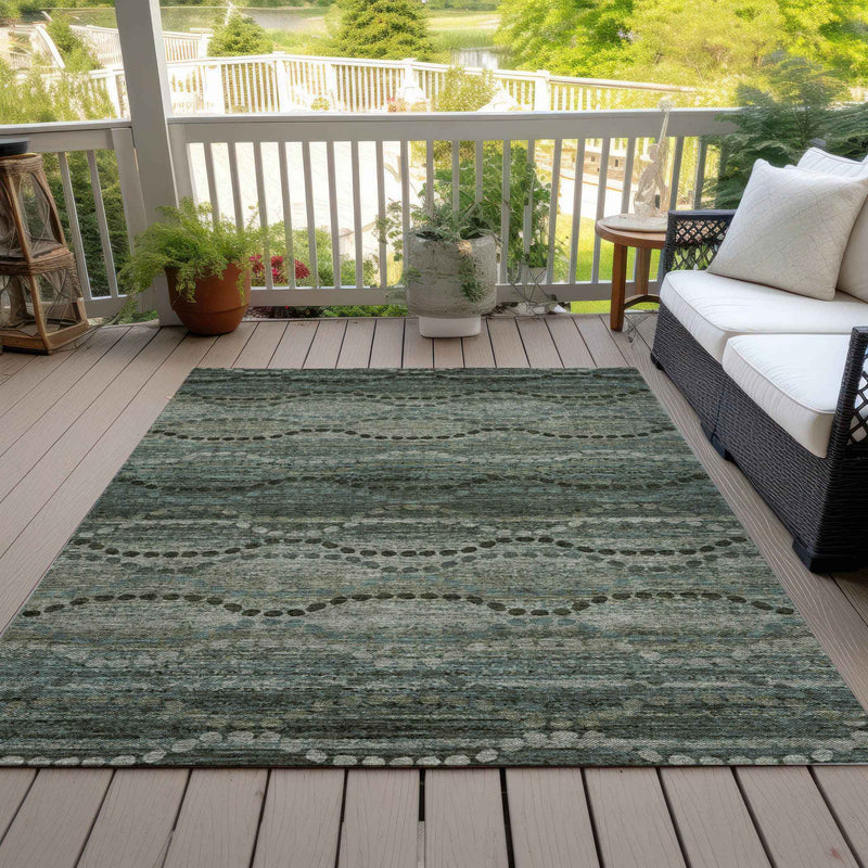 10' X 14' Artichoke Green And Gray Ogee Washable Indoor Outdoor Area Rug