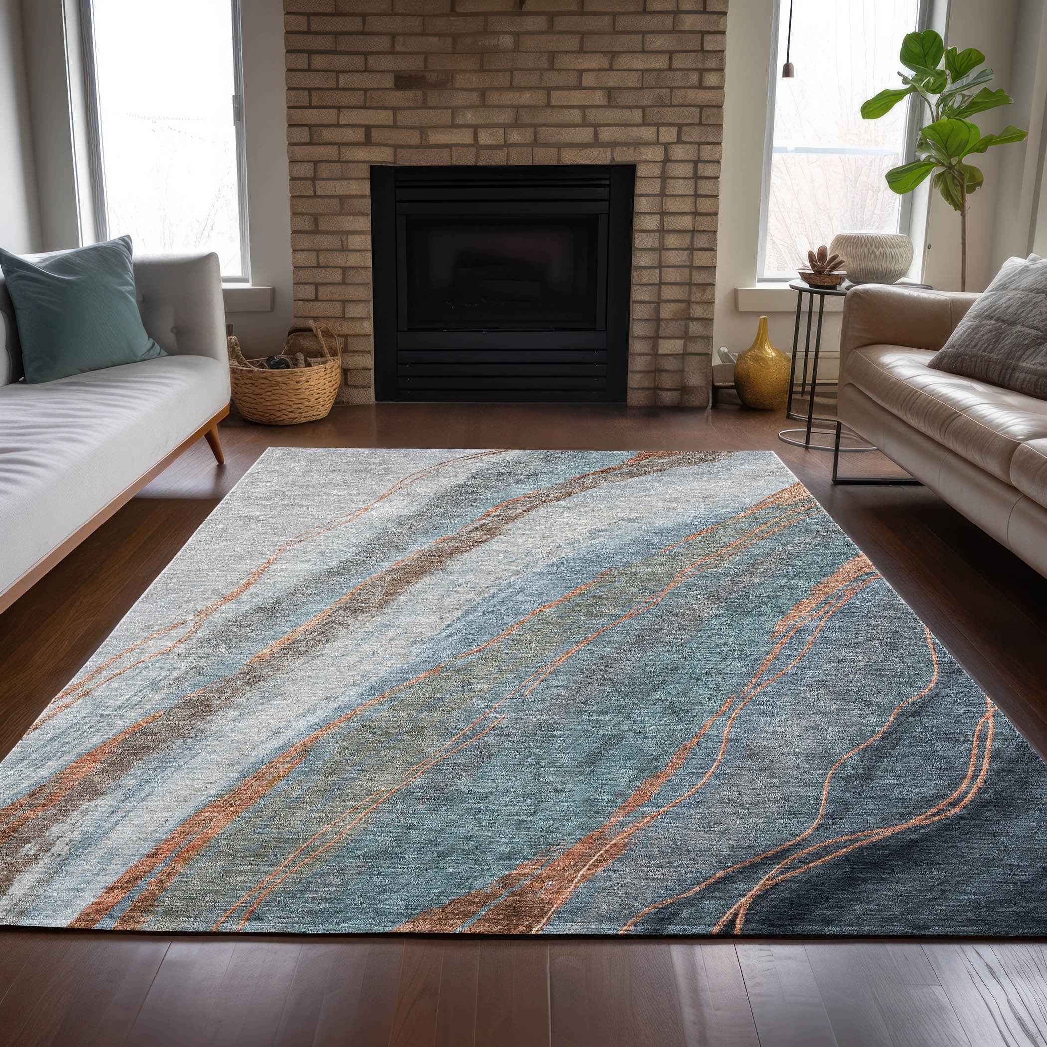 8' X 10' Blue And Copper Abstract Washable Indoor Outdoor Area Rug